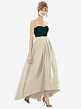 Alt View 1 Thumbnail - Champagne & Evergreen Strapless Satin High Low Dress with Pockets