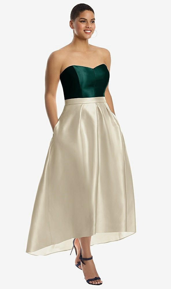 Front View - Champagne & Evergreen Strapless Satin High Low Dress with Pockets