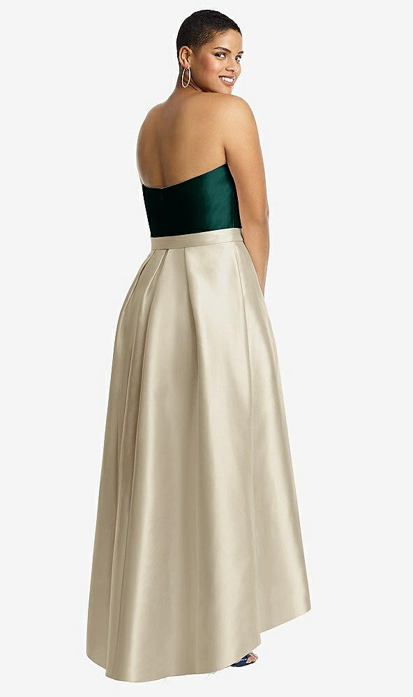 Back View - Champagne & Evergreen Strapless Satin High Low Dress with Pockets