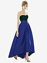 Alt View 1 Thumbnail - Cobalt Blue & Evergreen Strapless Satin High Low Dress with Pockets