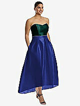 Front View Thumbnail - Cobalt Blue & Evergreen Strapless Satin High Low Dress with Pockets