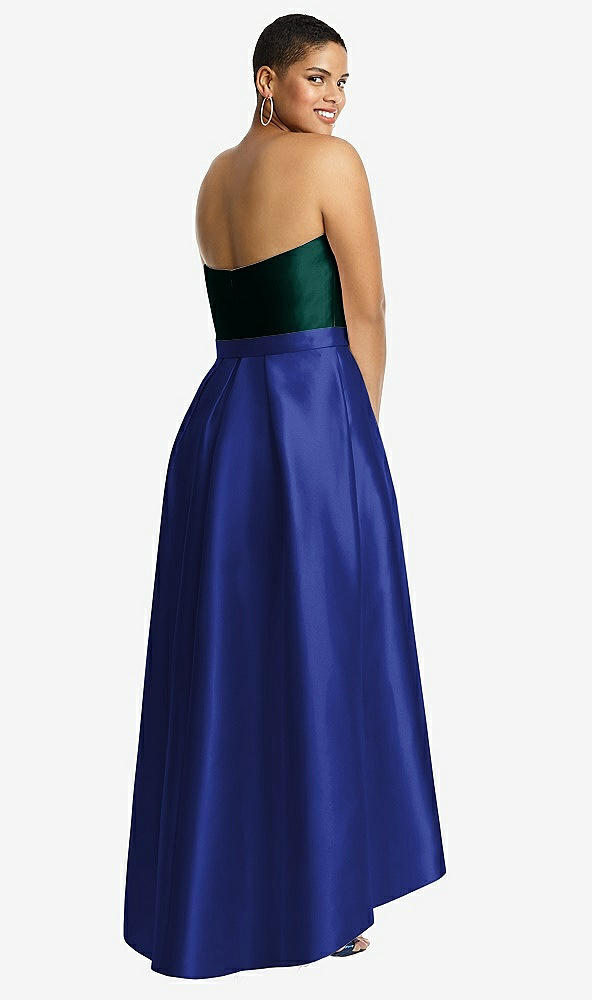 Back View - Cobalt Blue & Evergreen Strapless Satin High Low Dress with Pockets