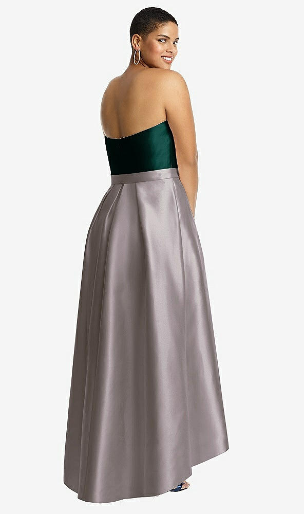 Back View - Cashmere Gray & Evergreen Strapless Satin High Low Dress with Pockets