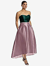 Front View Thumbnail - Dusty Rose & Evergreen Strapless Satin High Low Dress with Pockets