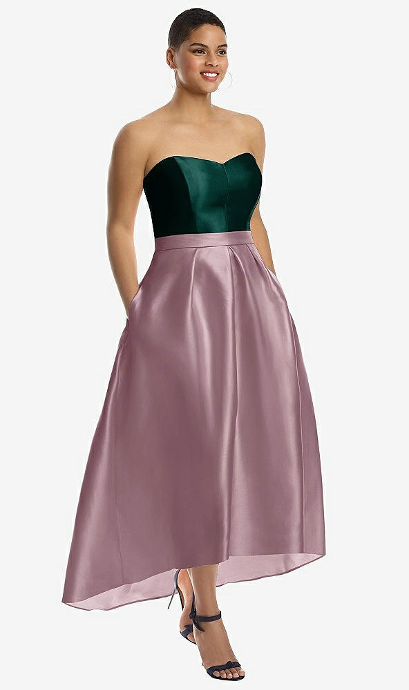 Front View - Dusty Rose & Evergreen Strapless Satin High Low Dress with Pockets