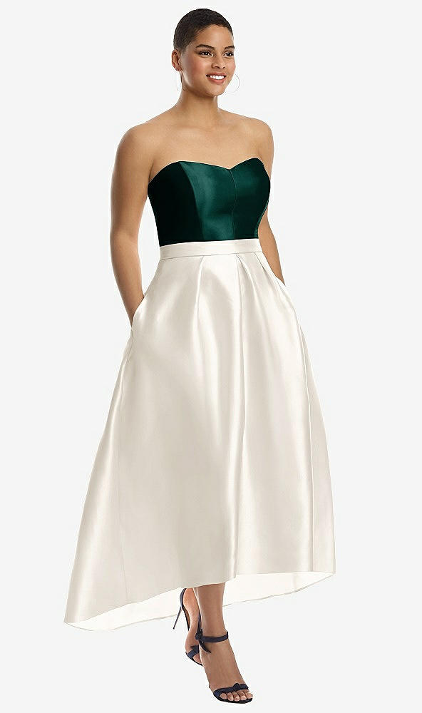 Front View - Ivory & Evergreen Strapless Satin High Low Dress with Pockets