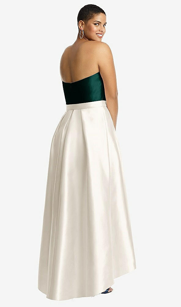 Back View - Ivory & Evergreen Strapless Satin High Low Dress with Pockets