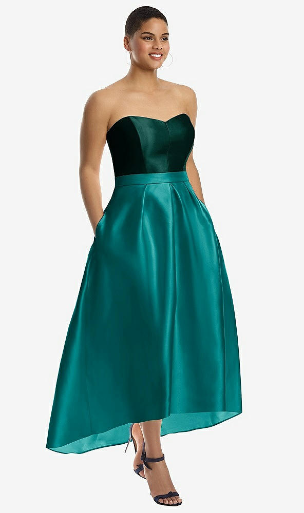 Front View - Jade & Evergreen Strapless Satin High Low Dress with Pockets