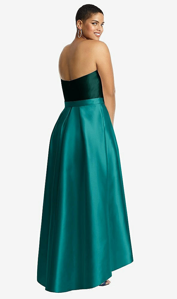 Back View - Jade & Evergreen Strapless Satin High Low Dress with Pockets