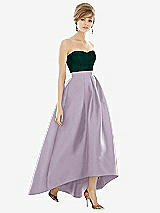 Alt View 1 Thumbnail - Lilac Haze & Evergreen Strapless Satin High Low Dress with Pockets