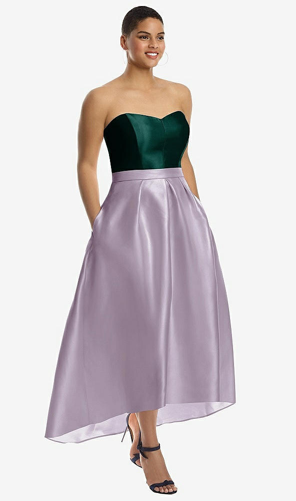 Front View - Lilac Haze & Evergreen Strapless Satin High Low Dress with Pockets