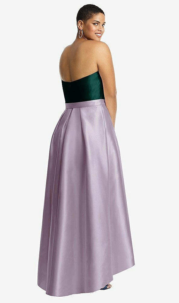 Back View - Lilac Haze & Evergreen Strapless Satin High Low Dress with Pockets