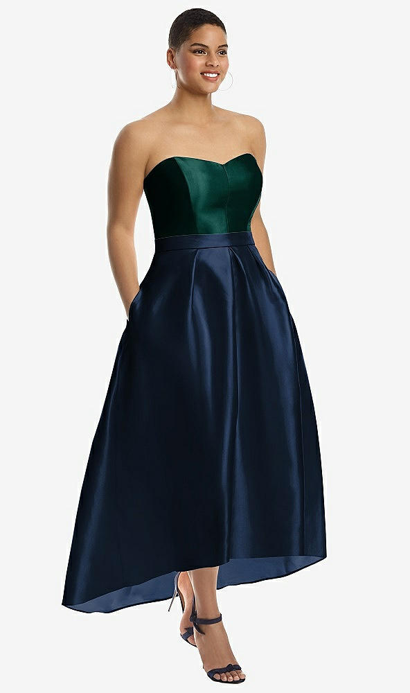 Front View - Midnight Navy & Evergreen Strapless Satin High Low Dress with Pockets