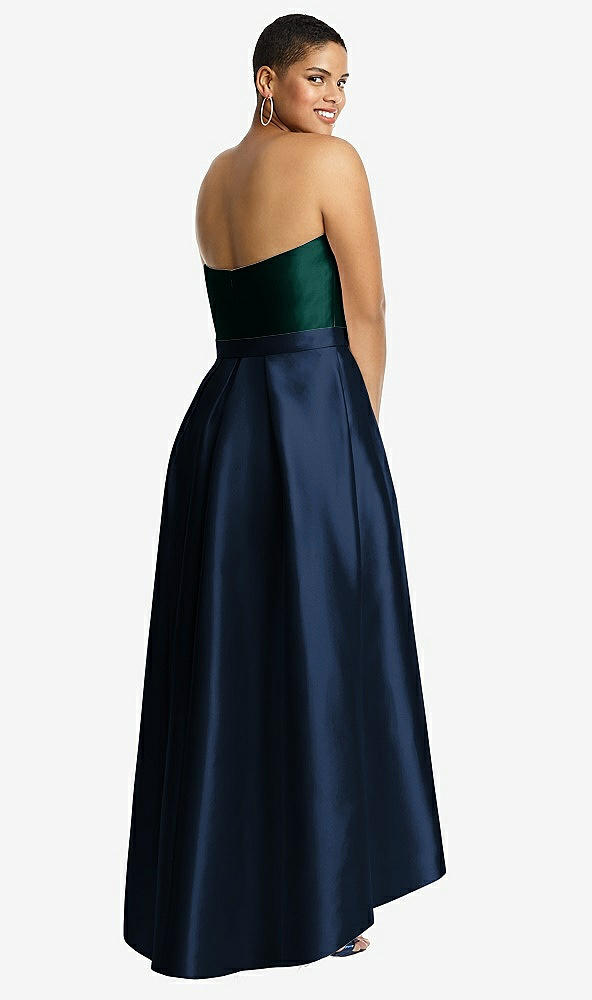 Back View - Midnight Navy & Evergreen Strapless Satin High Low Dress with Pockets
