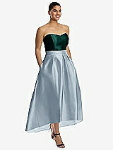 Front View Thumbnail - Mist & Evergreen Strapless Satin High Low Dress with Pockets