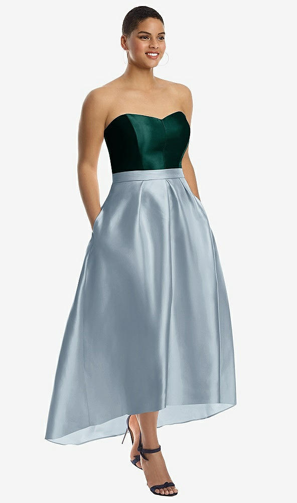 Front View - Mist & Evergreen Strapless Satin High Low Dress with Pockets