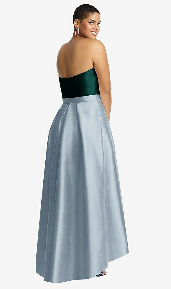 Back View - Mist & Evergreen Strapless Satin High Low Dress with Pockets
