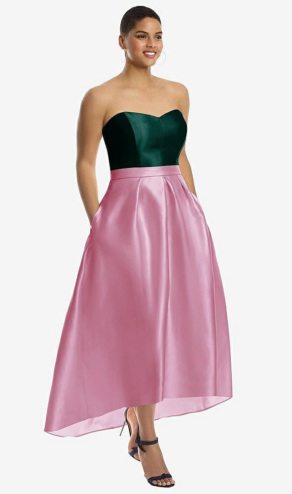 Front View - Powder Pink & Evergreen Strapless Satin High Low Dress with Pockets
