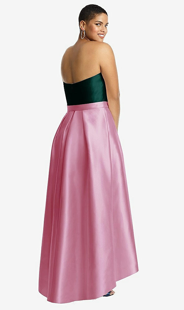Back View - Powder Pink & Evergreen Strapless Satin High Low Dress with Pockets