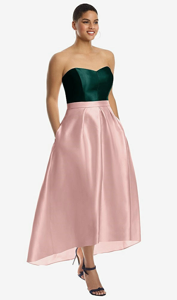 Front View - Rose - PANTONE Rose Quartz & Evergreen Strapless Satin High Low Dress with Pockets