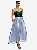 Front View Thumbnail - Sky Blue & Evergreen Strapless Satin High Low Dress with Pockets