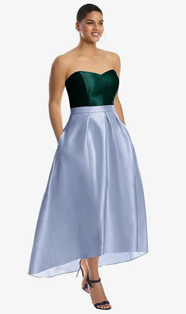Front View - Sky Blue & Evergreen Strapless Satin High Low Dress with Pockets