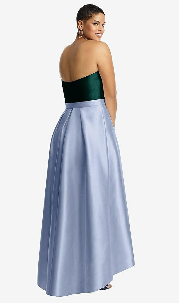 Back View - Sky Blue & Evergreen Strapless Satin High Low Dress with Pockets