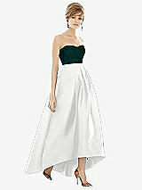 Alt View 1 Thumbnail - White & Evergreen Strapless Satin High Low Dress with Pockets