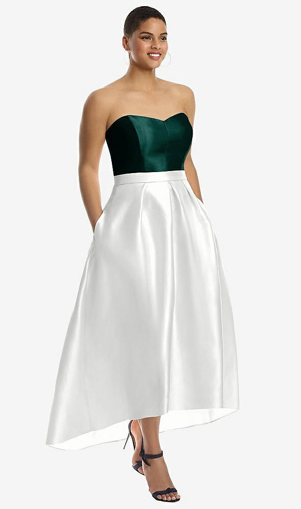 Front View - White & Evergreen Strapless Satin High Low Dress with Pockets