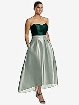 Front View Thumbnail - Willow Green & Evergreen Strapless Satin High Low Dress with Pockets