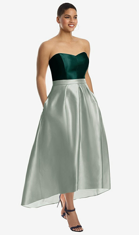 Front View - Willow Green & Evergreen Strapless Satin High Low Dress with Pockets
