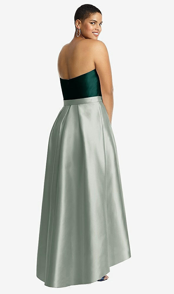 Back View - Willow Green & Evergreen Strapless Satin High Low Dress with Pockets
