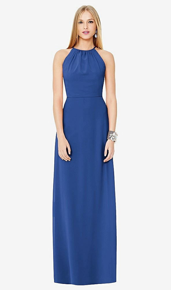 Front View - Classic Blue Open-Back Shirred Halter Dress