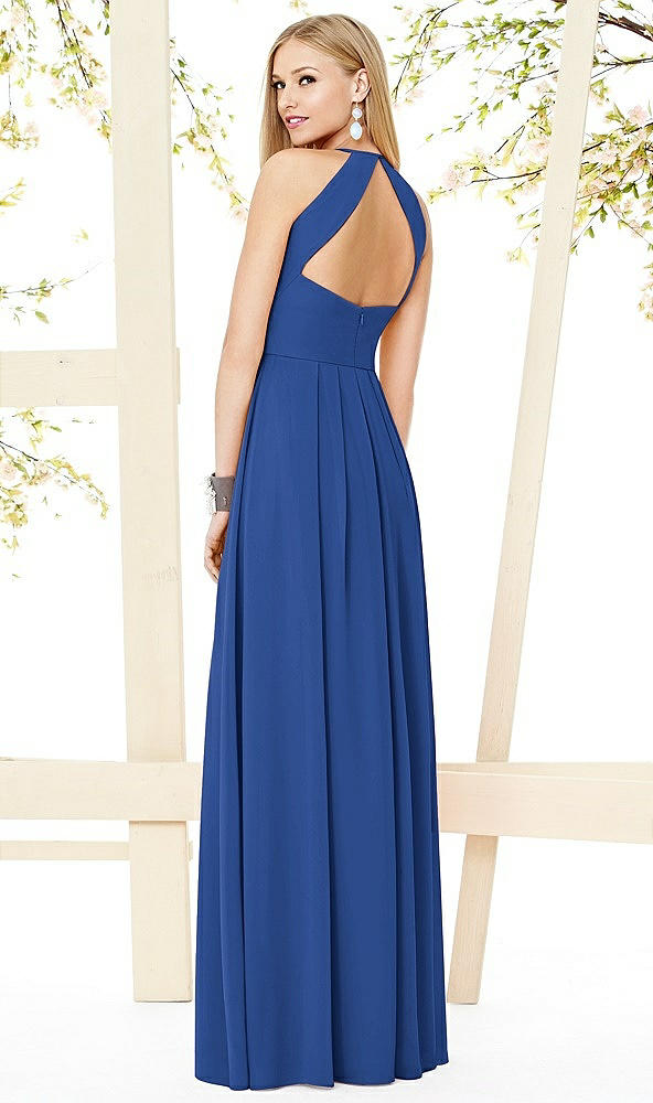 Back View - Classic Blue Open-Back Shirred Halter Dress