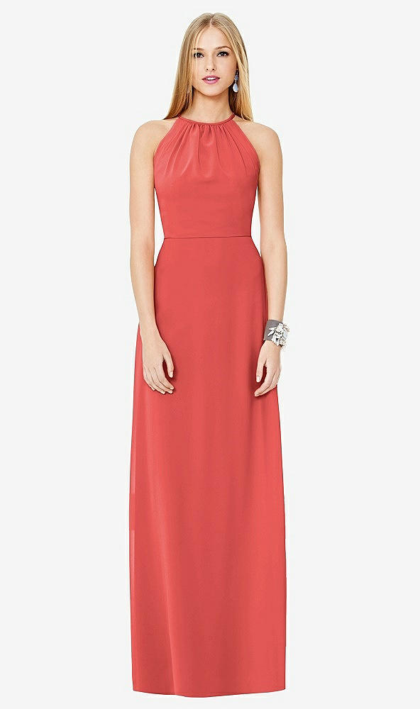 Front View - Perfect Coral Open-Back Shirred Halter Dress