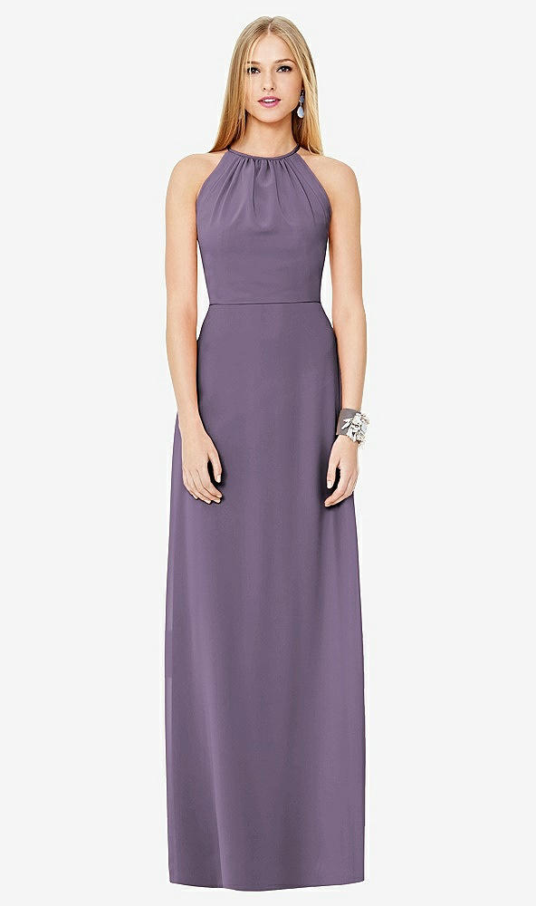 Front View - Lavender Open-Back Shirred Halter Dress