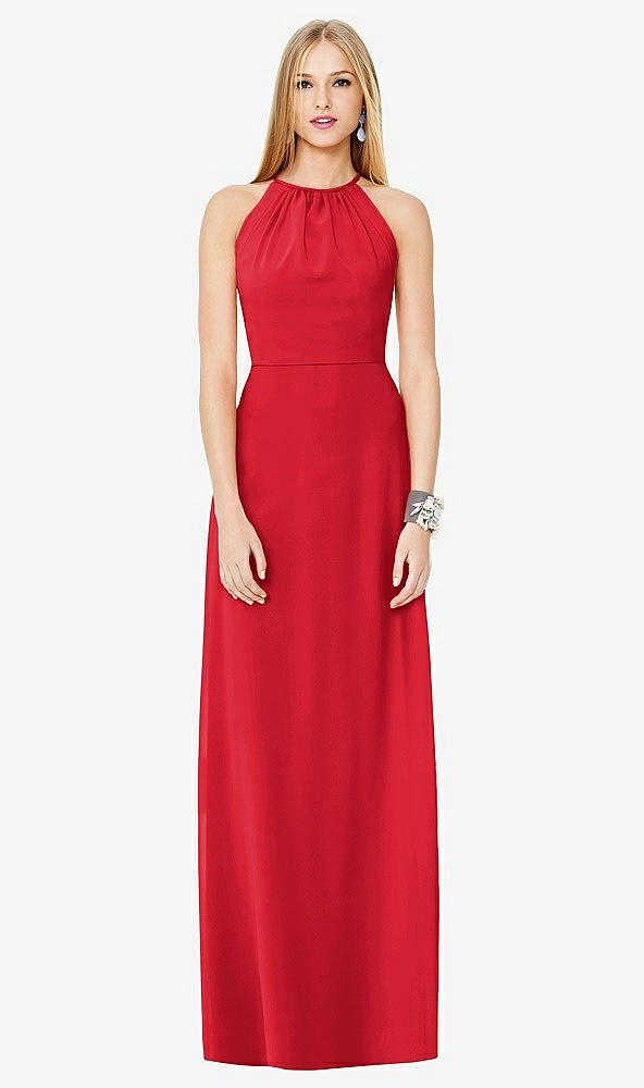 Front View - Parisian Red Open-Back Shirred Halter Dress