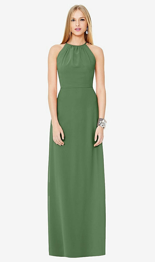 Front View - Vineyard Green Open-Back Shirred Halter Dress