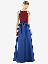 Front View Thumbnail - Classic Blue & Burgundy Sleeveless Keyhole Back Satin Maxi Dress