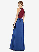Rear View Thumbnail - Classic Blue & Burgundy Sleeveless Keyhole Back Satin Maxi Dress
