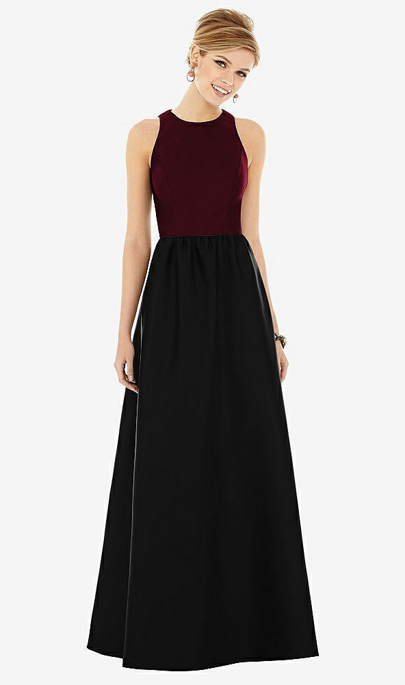 Front View - Black & Burgundy Sleeveless Keyhole Back Satin Maxi Dress