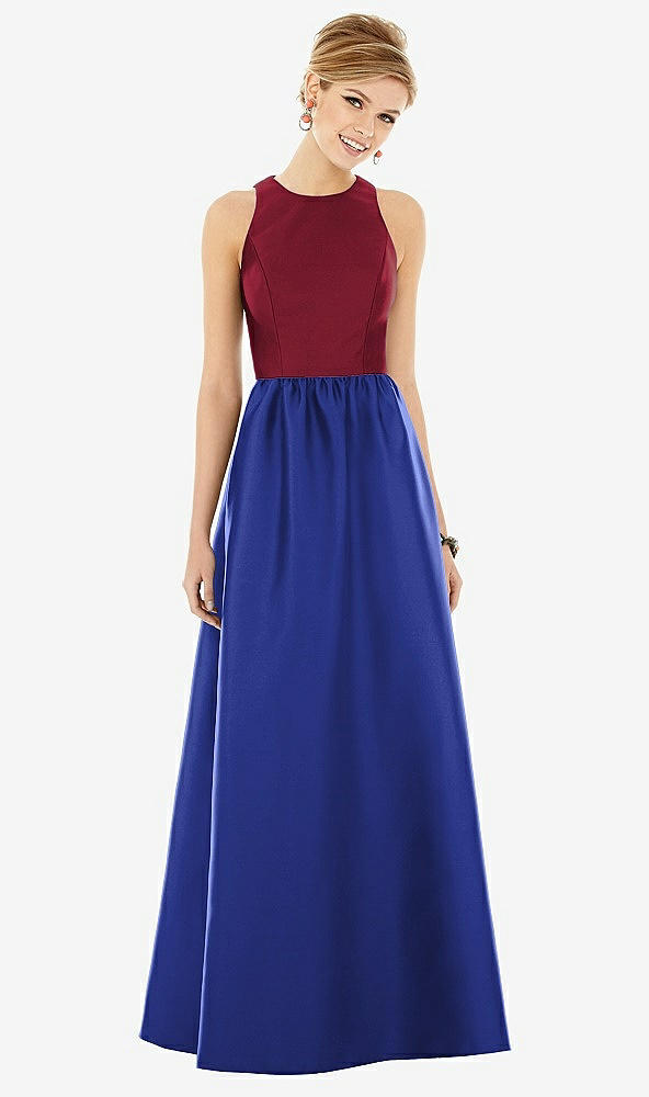 Front View - Cobalt Blue & Burgundy Sleeveless Keyhole Back Satin Maxi Dress