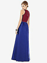 Rear View Thumbnail - Cobalt Blue & Burgundy Sleeveless Keyhole Back Satin Maxi Dress