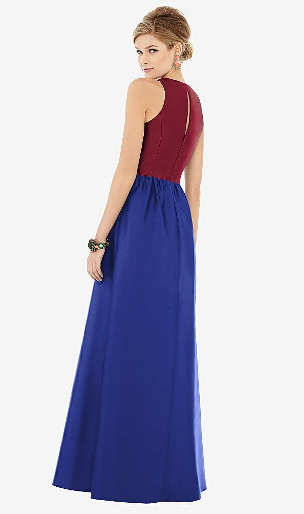 Back View - Cobalt Blue & Burgundy Sleeveless Keyhole Back Satin Maxi Dress