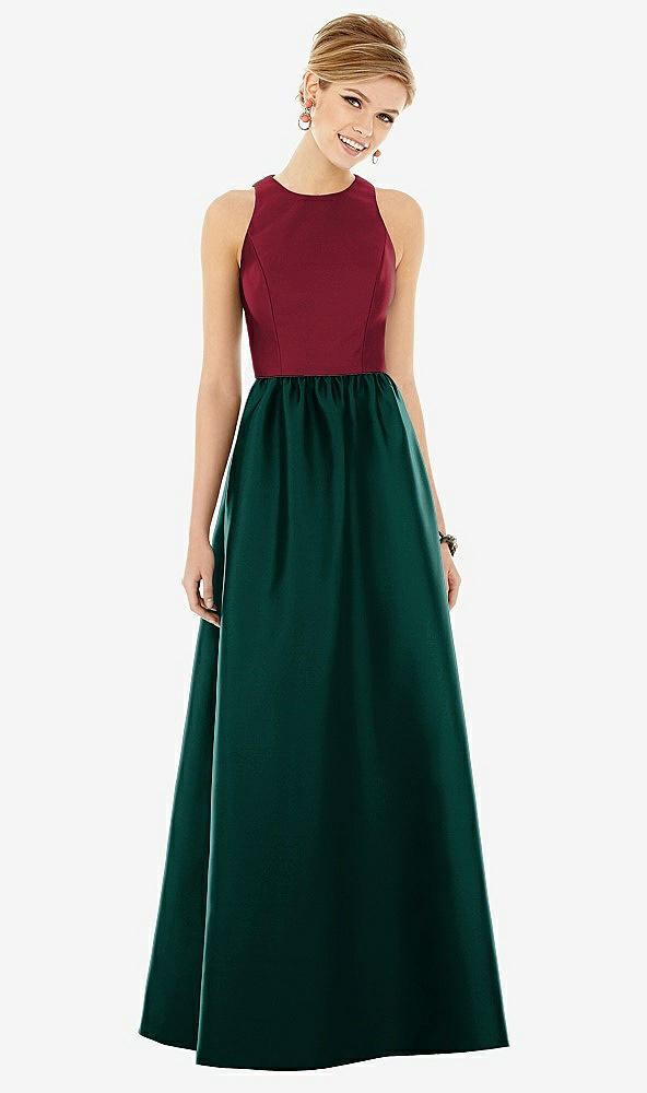 Front View - Evergreen & Burgundy Sleeveless Keyhole Back Satin Maxi Dress