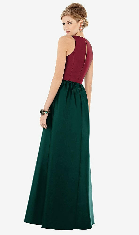 Back View - Evergreen & Burgundy Sleeveless Keyhole Back Satin Maxi Dress