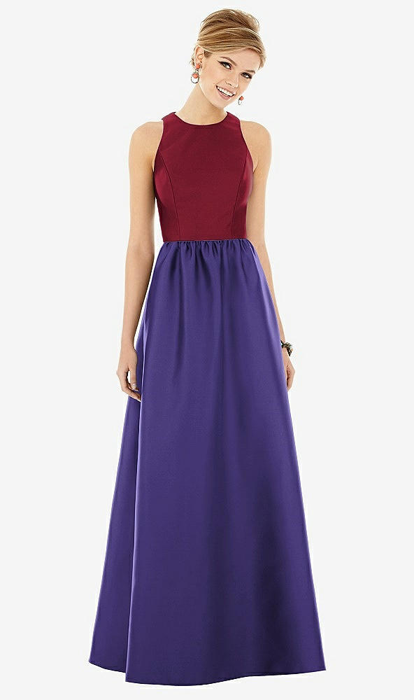 Front View - Grape & Burgundy Sleeveless Keyhole Back Satin Maxi Dress
