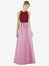 Front View Thumbnail - Powder Pink & Burgundy Sleeveless Keyhole Back Satin Maxi Dress