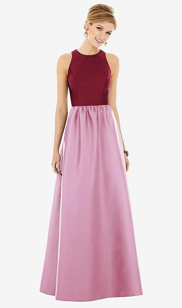 Front View - Powder Pink & Burgundy Sleeveless Keyhole Back Satin Maxi Dress