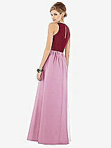 Rear View Thumbnail - Powder Pink & Burgundy Sleeveless Keyhole Back Satin Maxi Dress